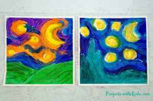 Paint Van Gogh's Starry Night using forks! Learn about creating movement and texture in painting like Van Gogh with this fun and engaging art project that will have your kids wanting to paint with forks over and over again!