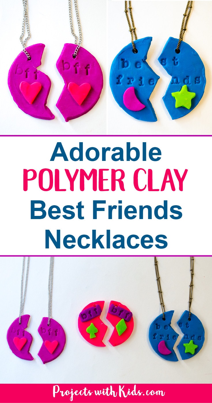 Adorable polymer clay best friends necklaces that kids will love making and sharing with their BFF's! Super simple and fun with endless design possibilities. #diyjewelry #polymerclay #handmadegifts 