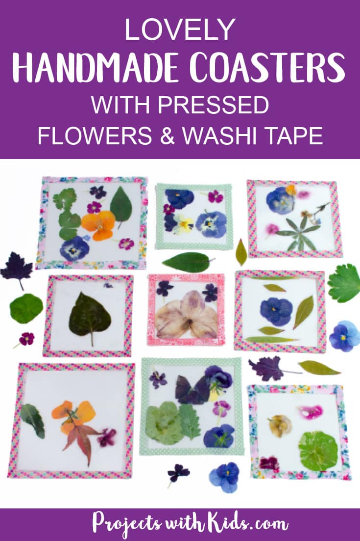 These lovely handmade coasters use pressed flowers and washi tape and are bright and colorful and so fun for kids to make. They would make a great handmade gift for Mother's Day, Christmas or any occasion. A wonderful spring or summer project! #diygifts #washitape #kidscraft #projectswithkids