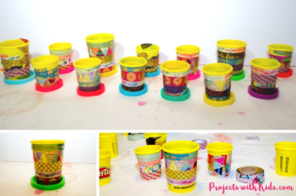 These mini plant pots are too cute for words! Colorful washi tape is all it takes to transform these recycled containers into little works of art. Perfect for giving as gifts!