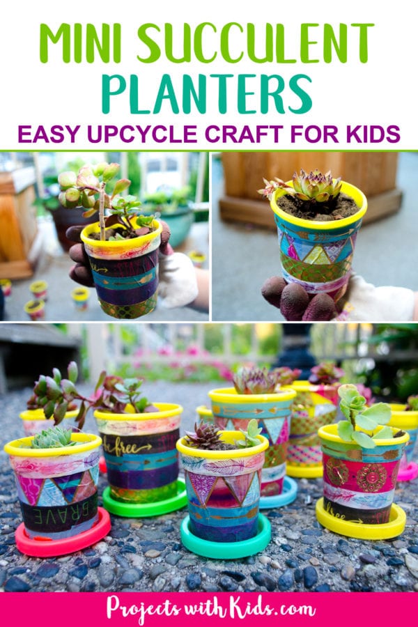 These mini plant pots are too cute for words! Colorful washi tape is all it takes to transform these recycled containers into little works of art. Add in some succulents for an adorable handmade gift. A fun summer craft that kids will love! #projectwithkids #upcycledcrafts #kidscraft #succulent 