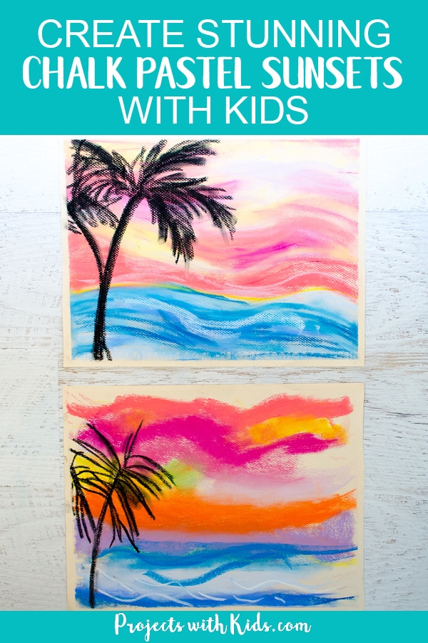Create stunning chalk pastel sunsets with kids using simple techniques that are fun and easy to do. Kids will love learning and exploring with chalk pastels! #chalkpastels #artprojectsforkids #projectswithkids