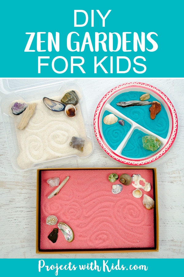 These zen gardens for kids are so easy and fun to make! This is a great calming sensory activity for kids that you can customize with different colors and accessories. They also make wonderful handmade gifts that kids would love making for someone special. #kidscraft #diygifts #zengardens #sensoryactivities #projectswithkids