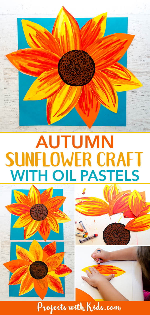 Pinterest image for an autumn sunflower craft with oil pastels that kids can make. 