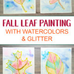 This fall leaf painting with glitter is a beautiful and colorful way to bring autumn colors indoors. Kids will love exploring the magical qualities of watercolor painting and using a common craft supply to create the glitter outlines! Includes 3 free leaf printable templates. #fallcrafts #projectswithkids #watercolorpainting #leafpainting