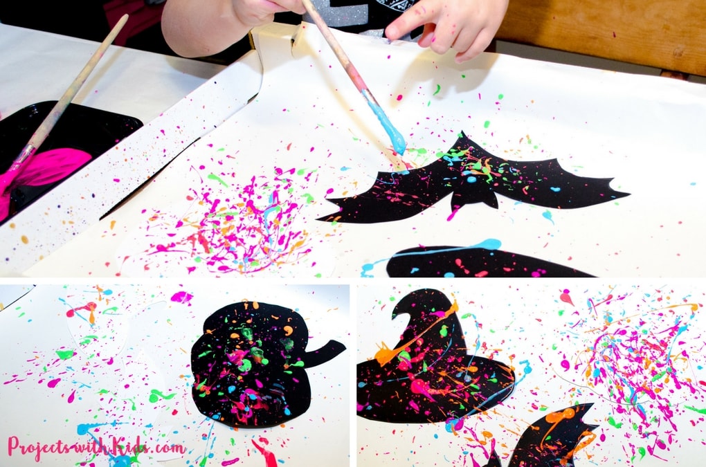 Take your Halloween decor to the next level with this neon splatter paint halloween banner with FREE printables! This is an easy and fun process art activity that kids of all ages will love. Check out the full post to get your FREE halloween silhouette printables!