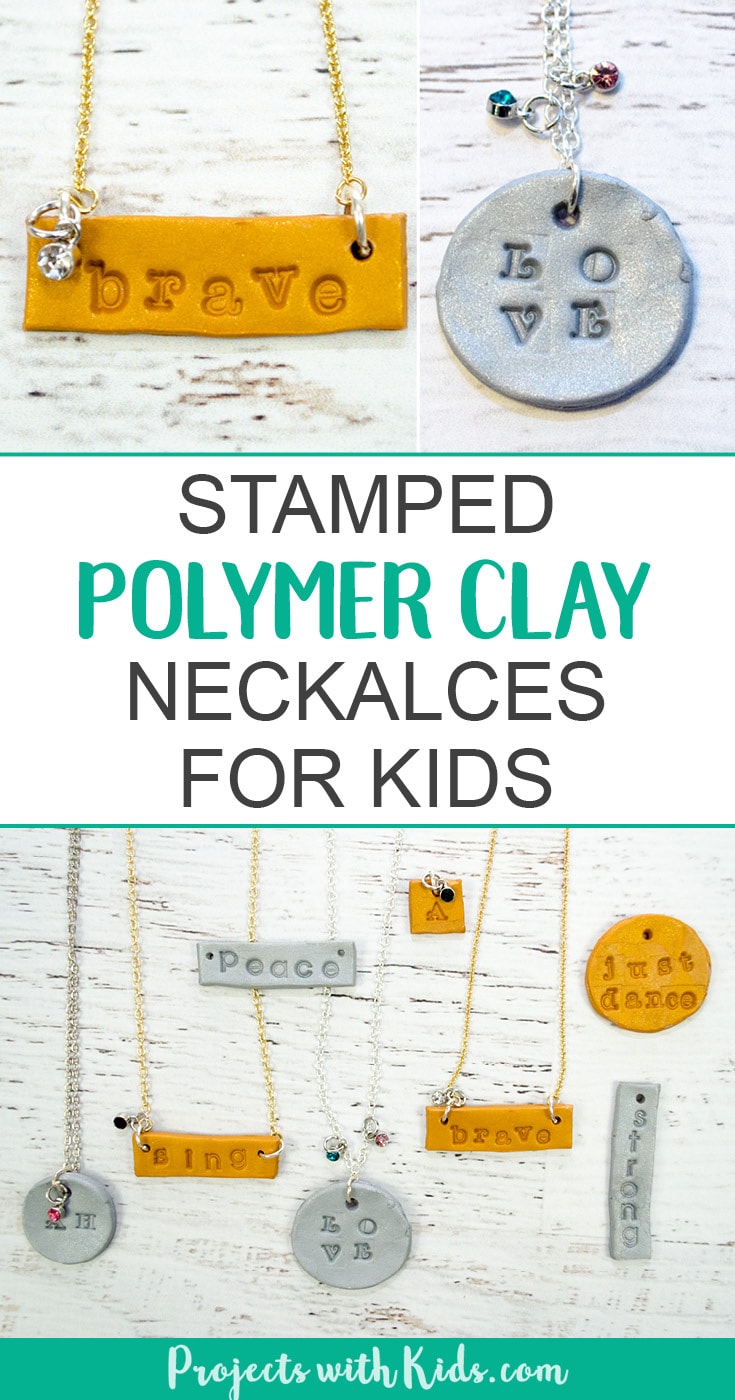 Learn how to make these stamped polymer clay necklaces that kids will have tons of fun making! These necklaces are sparkly and gorgeous and perfect for customizing, kids will love giving these as gifts and of course keeping some for themselves! Use initials, important dates, favorite hobbies, the possibilities are endless! #diyjewelry #polymerclay #kidscrafts #projectswithkids