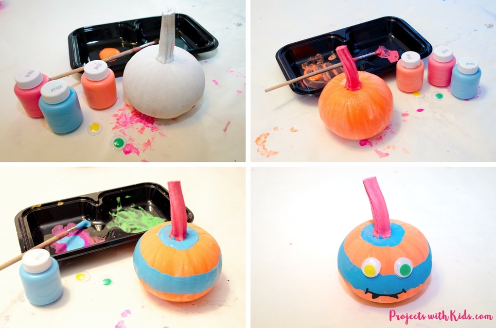 Cute not scary, these easy neon colored no-carve pumpkin monsters are so fun for kids to create! They would make an adorable addition to any front porch this Halloween. Click on the full post to see all the spooky details!