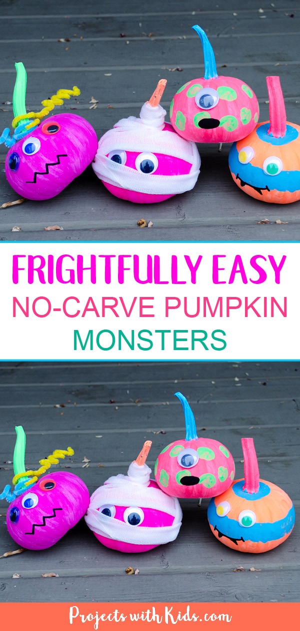 Cute not scary, these easy neon colored no-carve pumpkin monsters are so fun for kids to create! They would make an adorable addition to any front porch this Halloween. #projectswithkids #halloweencrafts #halloweendecorations #nocarvepumpkins #kidscrafts 