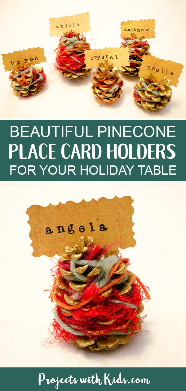 These pinecone place card holders are so beautiful yet so simple for kids of all ages to make! A perfect decoration for your holiday table. #projectswithkids #kidscrafts #thanksgivingcrafts #pineconecrafts #fallcrafts 