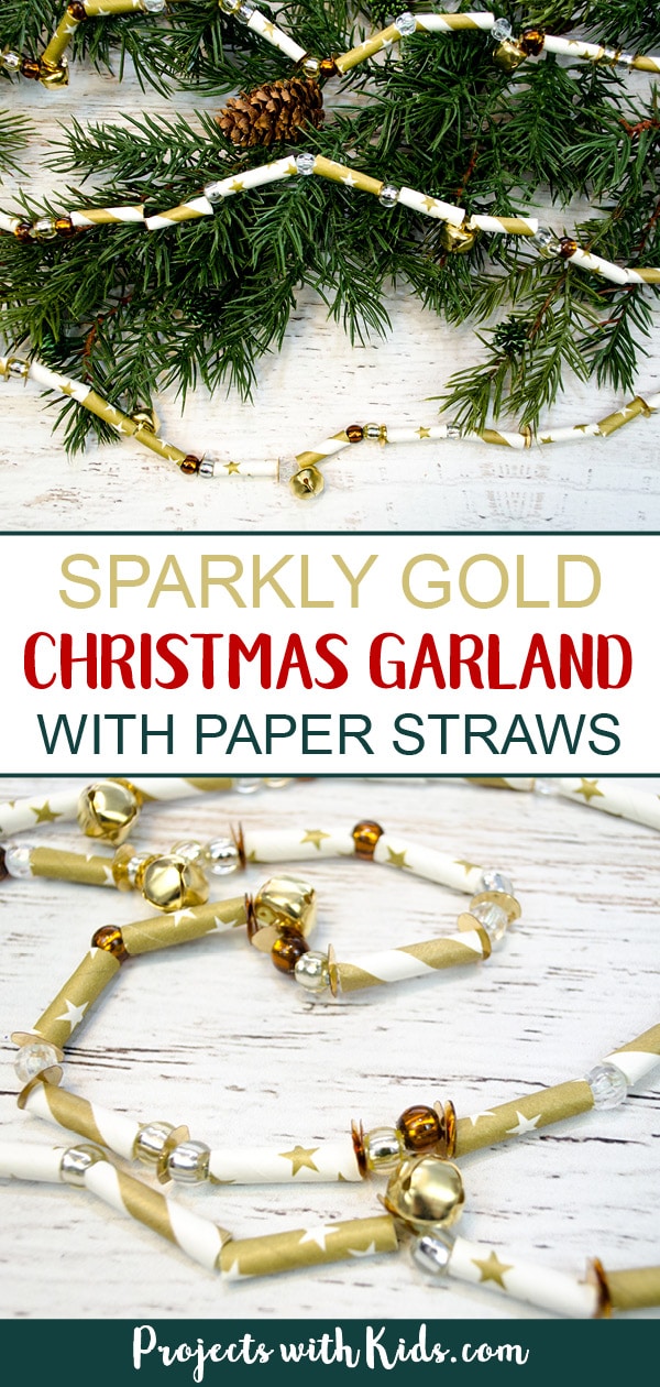 This Christmas garland with paper straws is sparkly and shimmery and would be a gorgeous addition to any Christmas tree or mantle! This is a simple and easy Christmas craft to make, perfect for preschool aged kids (and beyond!) and makes a great fine motor skills holiday activity. #christmascraft #kidmadechristmas #kidscraft #projectswithkids 