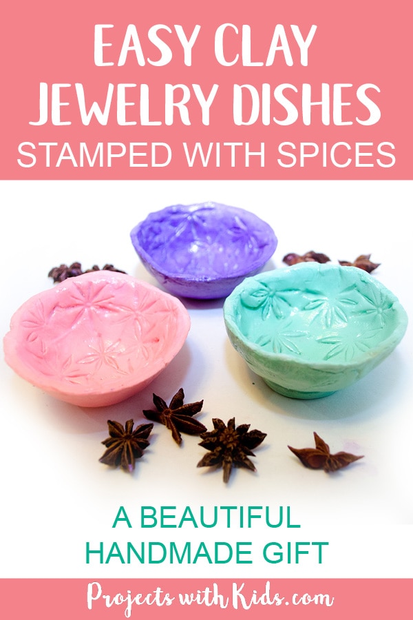 Make easy air dry clay jewelry dishes and decorate them by stamping the clay with spices for a unique craft that makes a beautiful handmade gift. A great Mother's Day or Christmas craft for kids to give to someone special! #airdryclay #diygifts #mothersday #projectswithkids