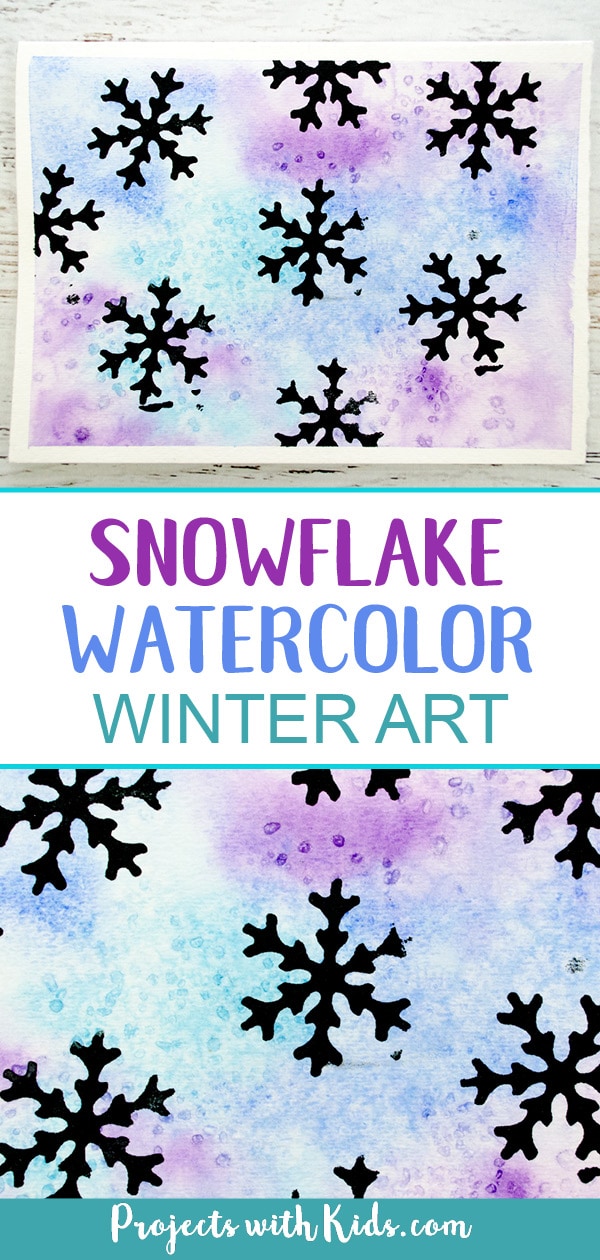Create stunning snowflake watercolor winter art with simple watercolor techniques that kids of all ages can do and get amazing results! Kids will love exploring watercolors and different techniques to create this winter painting. #winterart #watercolorpainting #snowflakeart #kidsart #projectswithkids