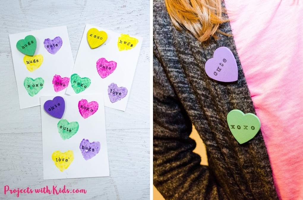 These conversation hearts cards and pins are so fun for kids to make! The perfect Valentine's Day craft and art project, kids will love making cards and cute jewelry for their friends. 