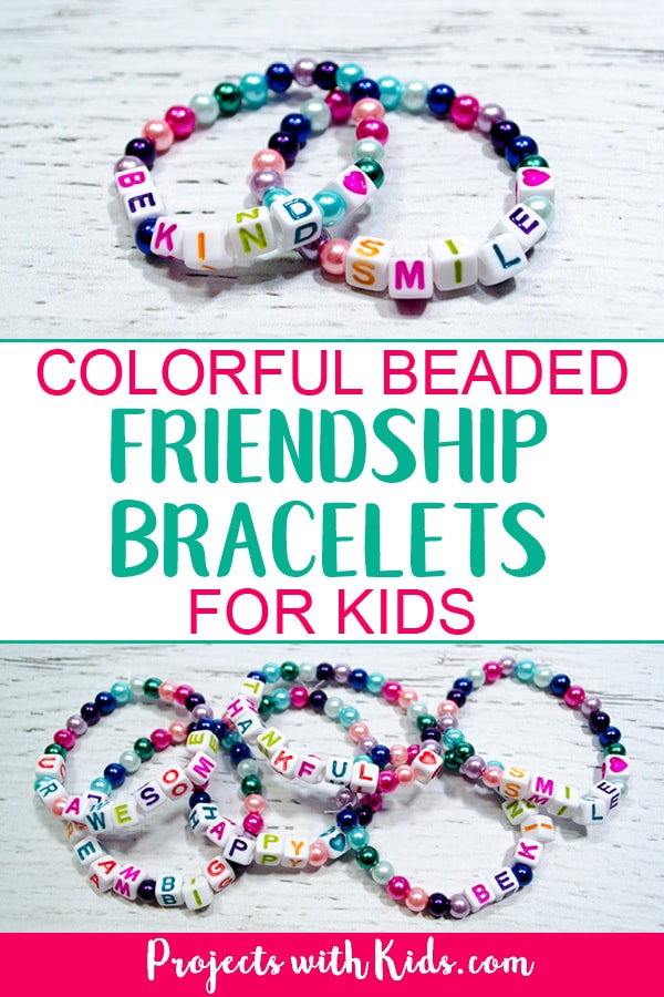 Kids will love making these colorful beaded friendship bracelets for their friends. These beaded bracelets are super easy to make and kids will have fun coming up with positive messages to share with their friends. #friendshipbracelets #diyjewelry #kidscraft #projectswithkids 