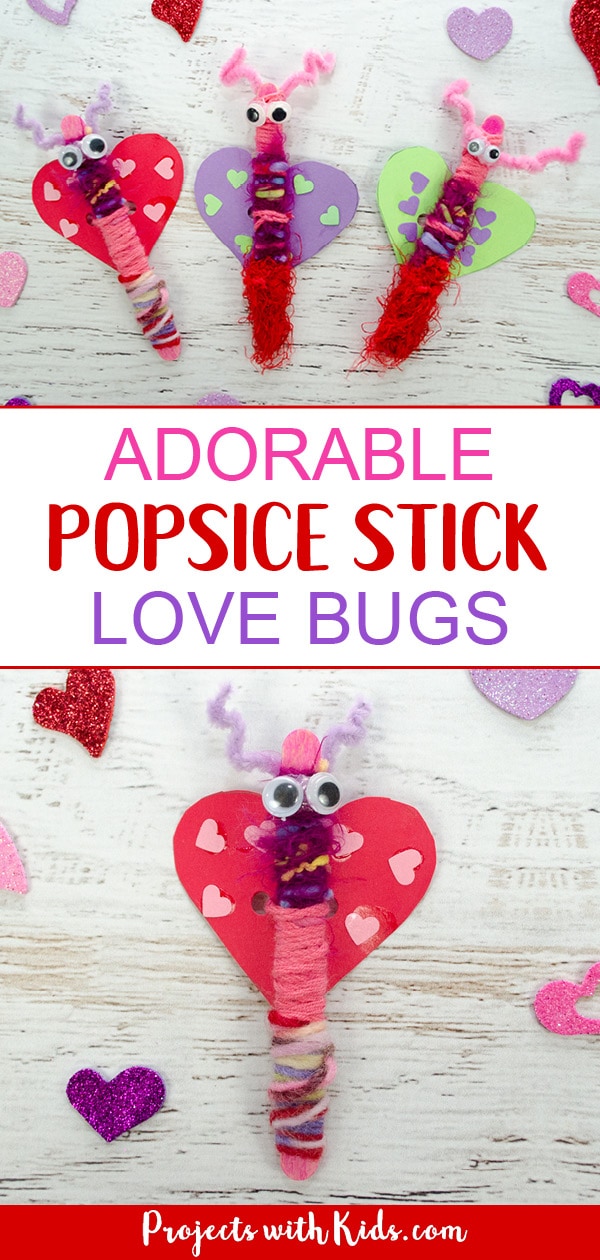 Popsicle stick love bugs make the cutest Valentine's Day craft for kids! This is a simple easy prep activity that also makes a great fine motor craft for preschoolers. Kids will love making and playing with their adorable love bug creations! #valentinecrafts #popsiclestickcrafts #yarncrafts #projectswithkids