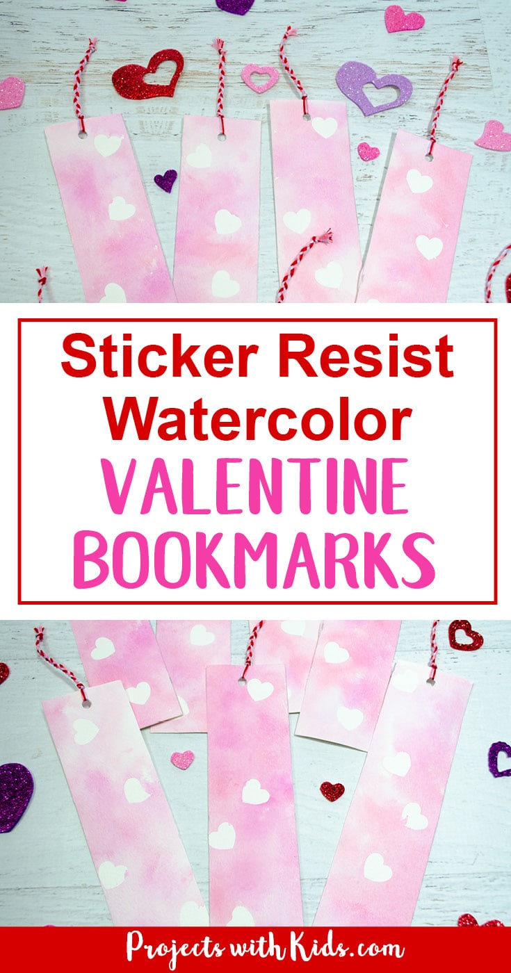 Kids can try out this unique watercolor technique and make beautiful and colorful Valentine's bookmarks for their friends. A great non-candy Valentine's Day art project! #valentinesday #valentinesdaycrafts #diybookmarksforkids #noncandyvalentines 