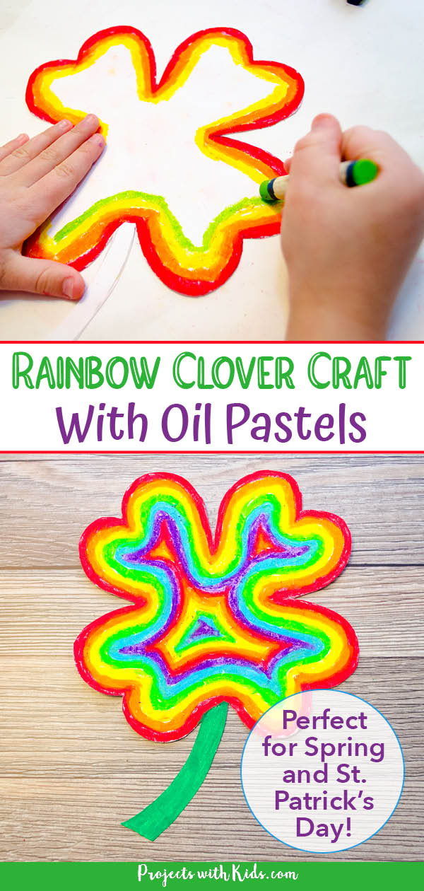 Rainbow clover craft made with oil pastels and printable clover template. Kids art project for St. Patrick's Day and spring!