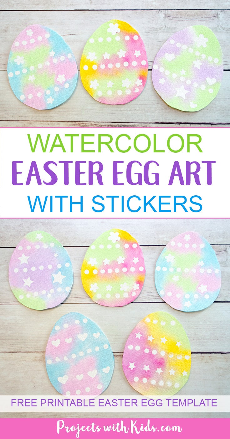 Use stickers to create this gorgeous watercolor easter egg art with kids. Easy watercolor techniques that produce amazing results. So simple and fun for kids of all ages! Free printable easter egg template included. #easter #eastercrafts #watercolorpainting #artprojectsforkids #projectswithkids 
