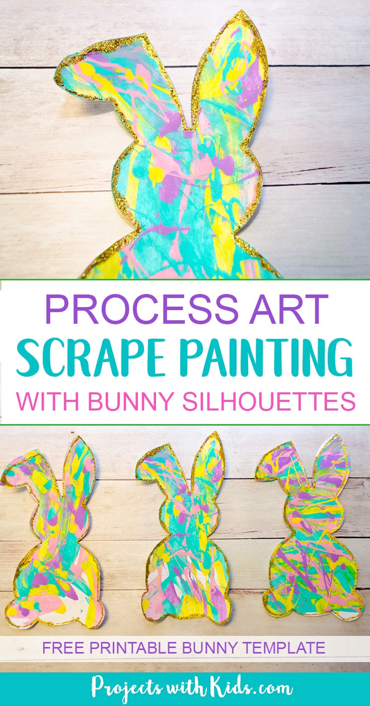 Scrape painting is a super fun process art activity that kids will love! Use beautiful spring colors to make these bunny silhouettes that are the perfect art project for spring or Easter. Edge them in gold glitter for an extra special touch! A great project for preschool aged kids and beyond. Free printable bunny template included. #easter #easterart #processart #artprojectsforkids #projectswithkids 