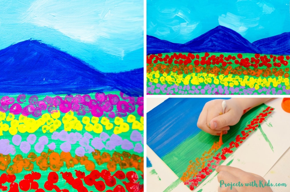 This field of tulips q-tip painting is such a fun art project for kids to create! Painting with q-tips is a wonderful technique for kids to explore and makes the perfect tool for creating beautiful fields of tulips. So bright and colorful, this painting is a great spring project that will brighten up any space. 