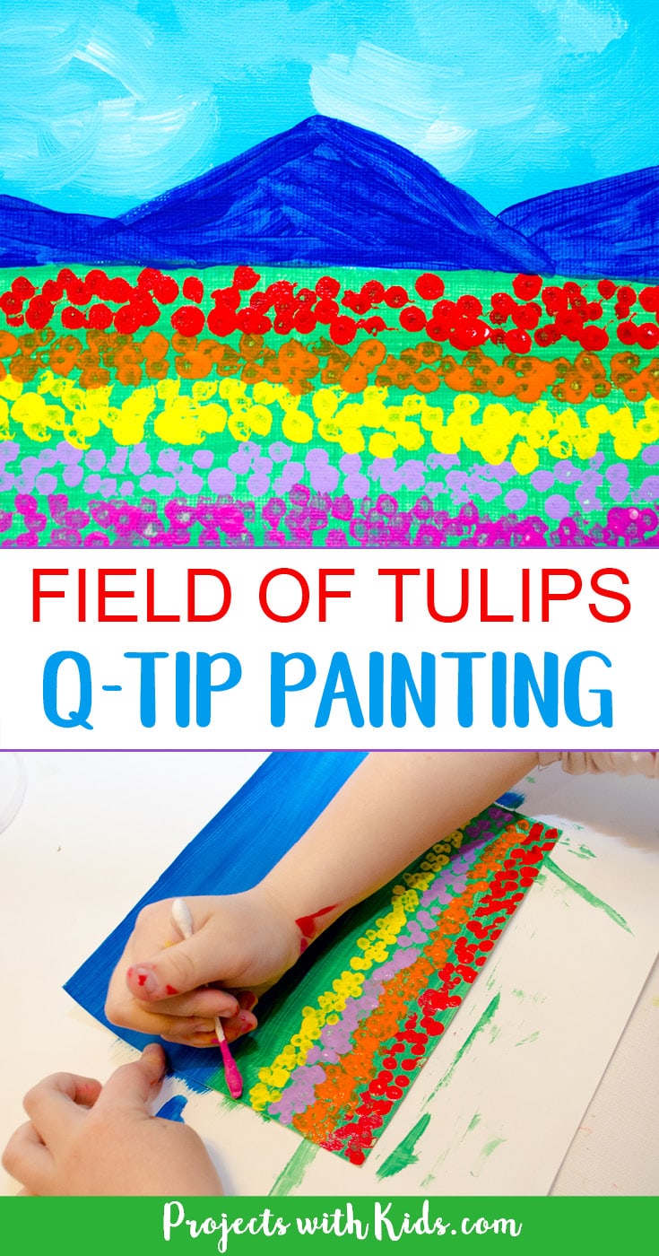 This field of tulips q-tip painting is such a fun art project for kids to create! Painting with q-tips is a wonderful technique for kids to explore and makes the perfect tool for creating beautiful fields of tulips. So bright and colorful, this painting is a great spring project that will brighten up any space. #artprojectsforkids #tulips #springcrafts #projectswithkids