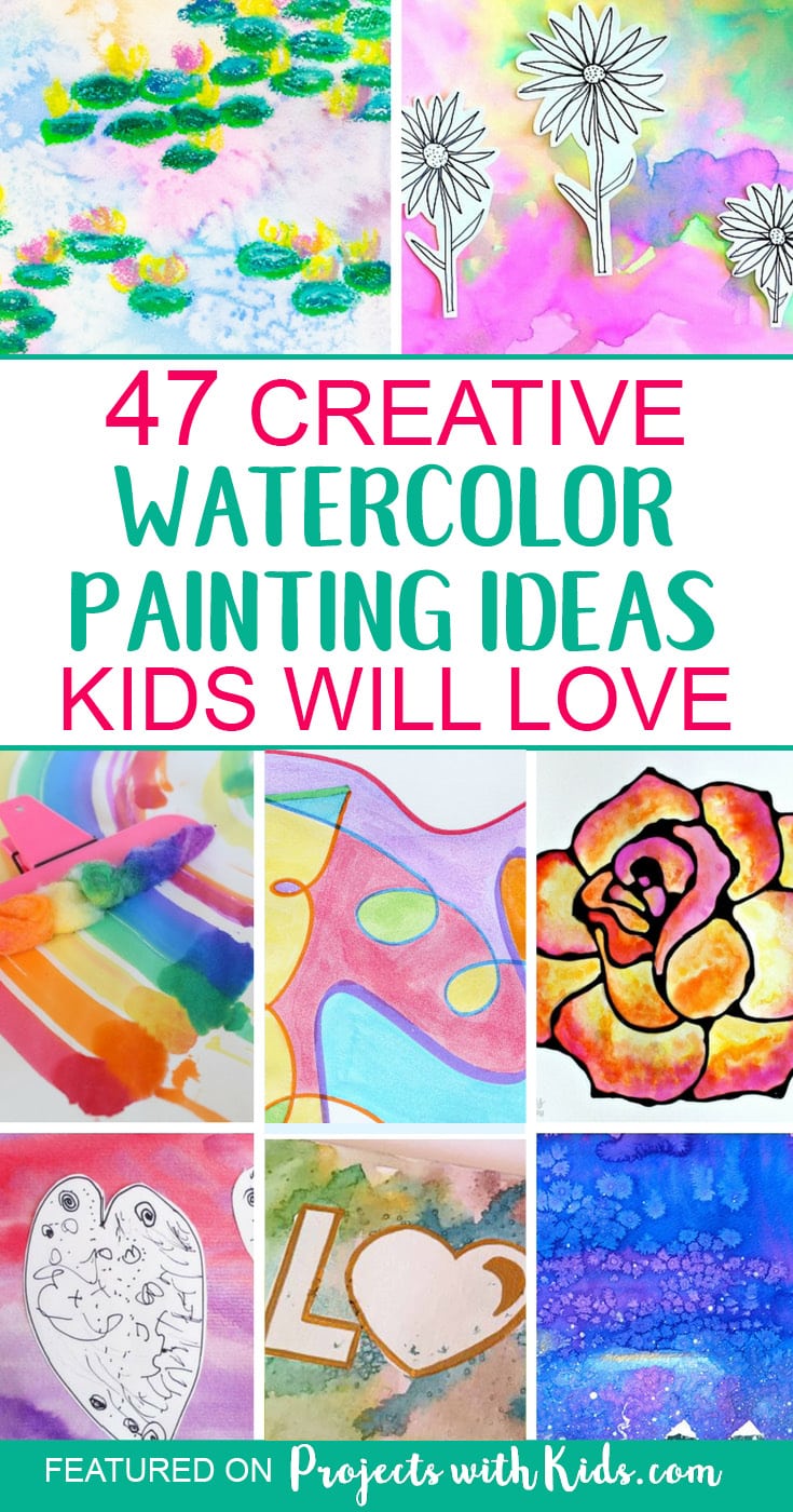 These watercolor painting ideas will inspire you and your kids to create and have fun! There are so many creative ideas for kids of all ages, you are sure to find one (or more!) that your kids will want to try. Click through to find ideas for kids of all ages, process art ideas, easy watercolor projects for preschoolers and beautiful holiday and seasonal watercolor projects. #watercolorpainting #artprojectsforkids #projectswithkids #kidsart 