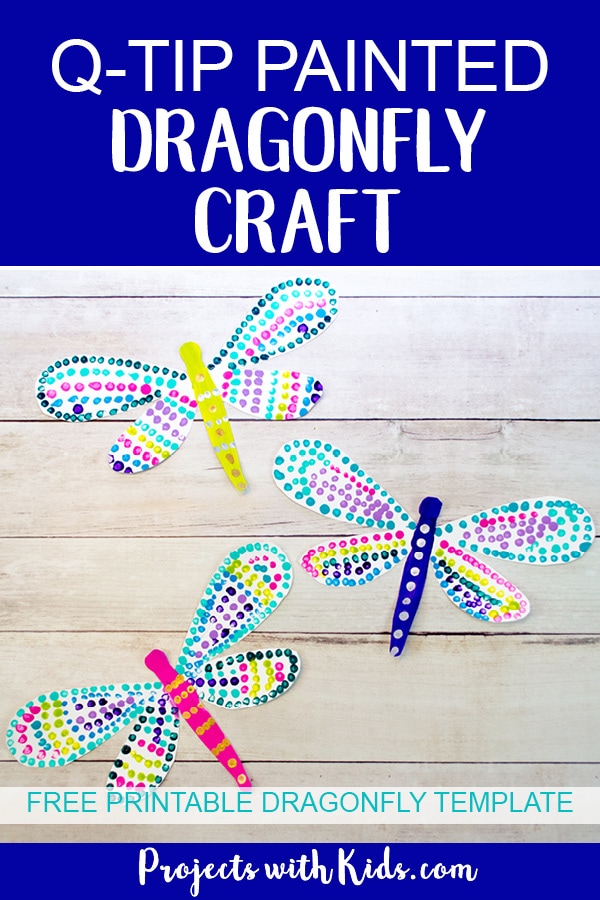 This q-tip painted dragonfly craft is a fun and easy summer activity for kids of all ages. Kids will have fun designing their dragonfly wings, each one will be unique and beautiful. This is a wonderful and relaxing painting project that is also great for working on fine motor skills. Free printable dragonfly template included! #artprojectsforkids #summercraft #kidscraft #dragonflycraft #projectswithkids 