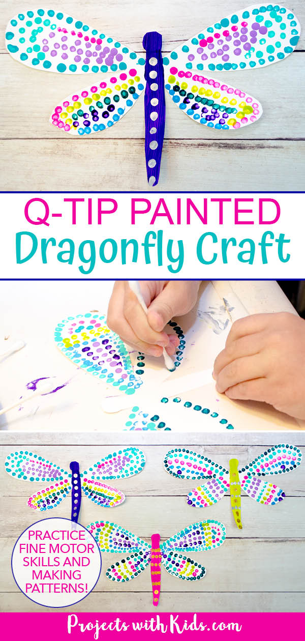 Dragonfly painting using q-tips and acrylic paint, hand showing dotting on patterns. 