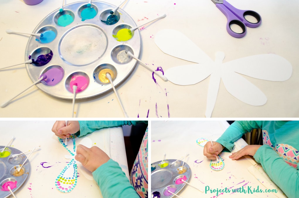 This q-tip painted dragonfly craft is a fun and easy summer activity for kids of all ages. Kids will have fun designing their dragonfly wings, each one will be unique and beautiful. This is a wonderful and relaxing painting project that is also great for working on fine motor skills. Free printable dragonfly template included! 