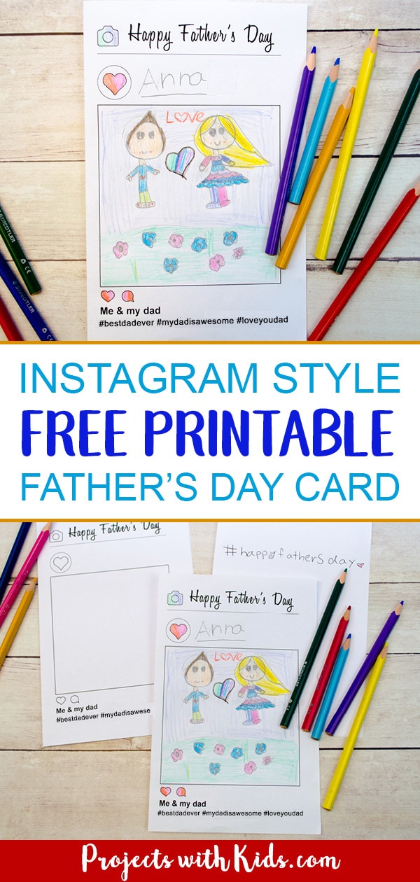 This free printable father's day card activity is so fun! Using an Instagram style template, kids can draw a picture of them with their dad and write their own hashtag message on the inside. Kids of all ages will love making and giving this card to their dads for Father's Day. #fathersdaycrafts #kidscraft #freeprintable #projectswithkids