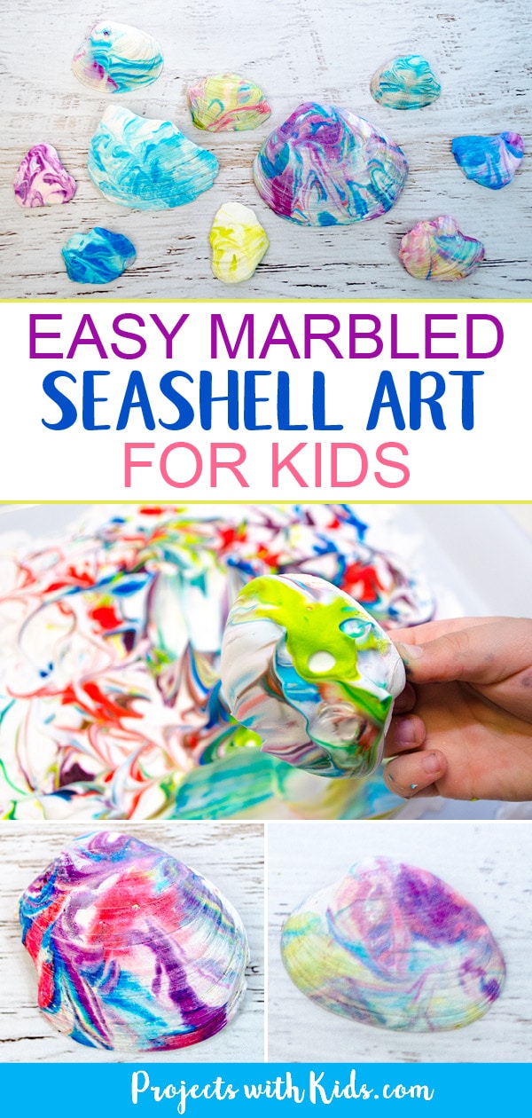 This seashell art is so fun and easy, kids will love creating gorgeous marbled seashells with their beach treasures. The patterns are so colorful and gorgeous! This summer craft will have kids engaged, using their creativity and having fun. #projectswithkids #kidscraft #shellcraft #beachcraft #summercraft