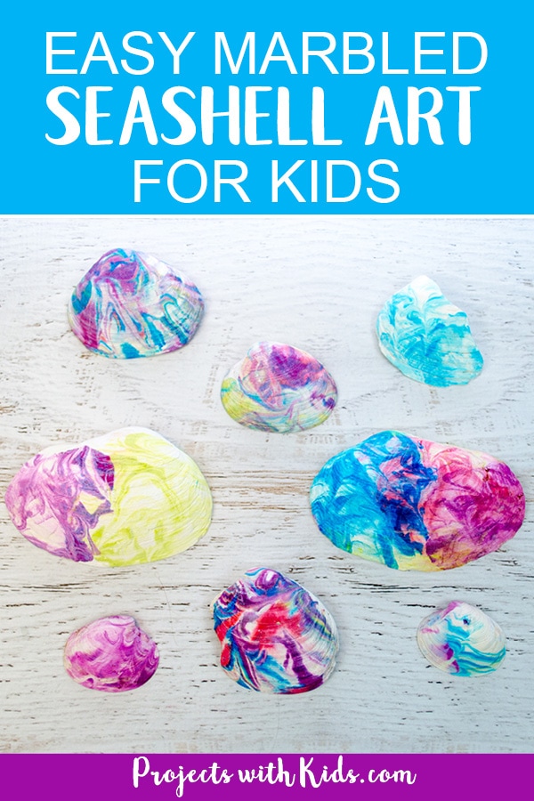 This seashell art is so fun and easy, kids will love creating gorgeous marbled seashells with their beach treasures. The patterns are so colorful and gorgeous! This summer craft will have kids engaged, using their creativity and having fun. #projectswithkids #kidscraft #shellcraft #beachcraft #summercraft 
