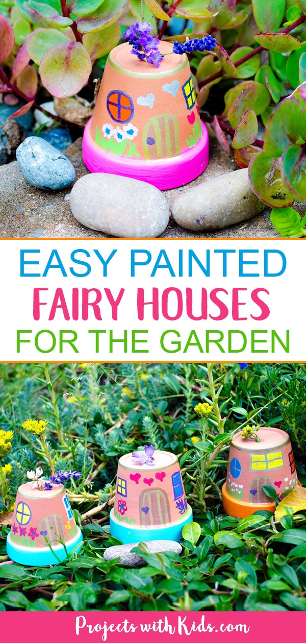 These fairy houses are just adorable and so easy to make! Kids will love creating these painted fairy houses and finding special places for them in the garden. Easy to make for kids of all ages with just a few simple supplies. #projectswithkids #fairygardens #kidscraft #summercraft 
