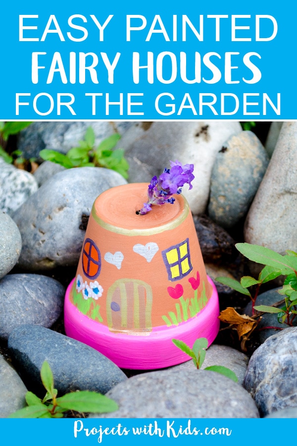 These fairy houses are just adorable and so easy to make! Kids will love creating these painted fairy houses and finding special places for them in the garden. Easy to make for kids of all ages with just a few simple supplies. #projectswithkids #fairygardens #kidscraft #summercraft 