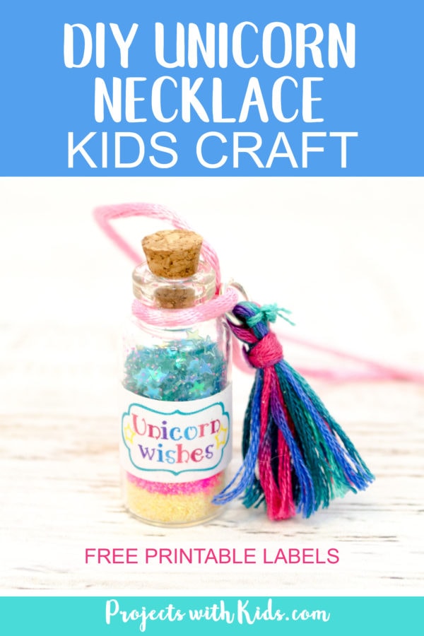 This unicorn necklace kids craft is magical! Kids will love creating their own jars of unicorn wishes and customizing their necklaces. The perfect craft for birthday parties, playdates and summer camp. Free printable labels are included, making these necklaces even more adorable! #projectswithkids #kidscraft #unicorncraft #unicornparty