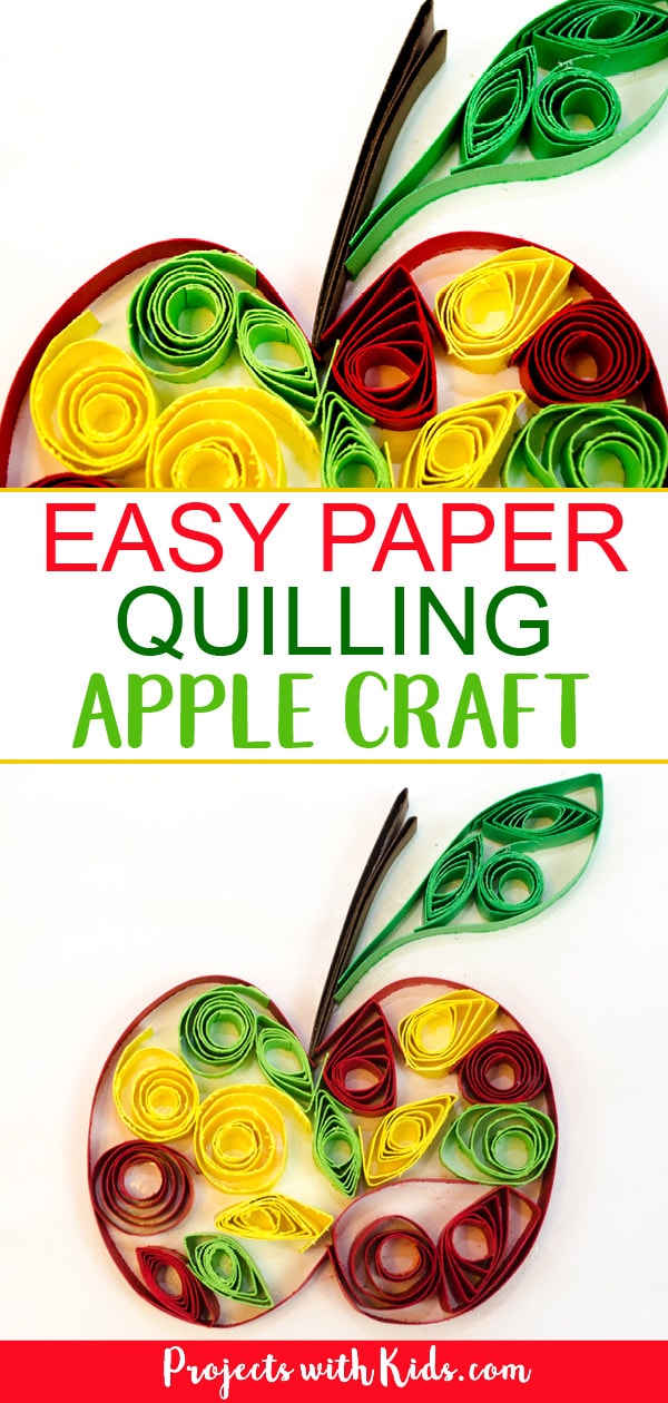 Celebrate fall with this easy paper quilling apple craft! No special tools are needed, making it a perfect craft for kids to learn this fun technique. Kids will love learning and creating with this unique paper craft. #projectswithkids #applecrafts #fallcrafts #paperquilling #craftsforkids