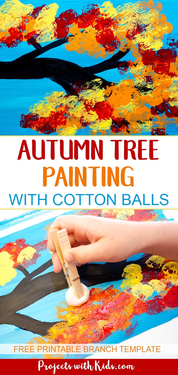Create this gorgeous autumn tree painting using cotton balls. Kids will love creating this fall craft with all of the beautiful colors of autumn! Includes a branch template to make it an easy autumn craft for kids of all ages. #projectswithkids #fallcrafts #falltree #autumncrafts #craftsforkids 