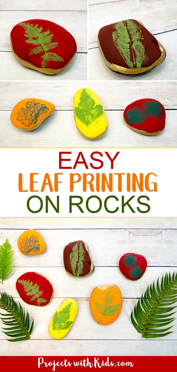 This leaf printing art project is a gorgeous fall craft that kids will love making! An easy painted rock idea that would make a great addition to your fall decor this holiday season. #projectswithkids #fallcraft #rockpainting #leafcrafts #leafart 
