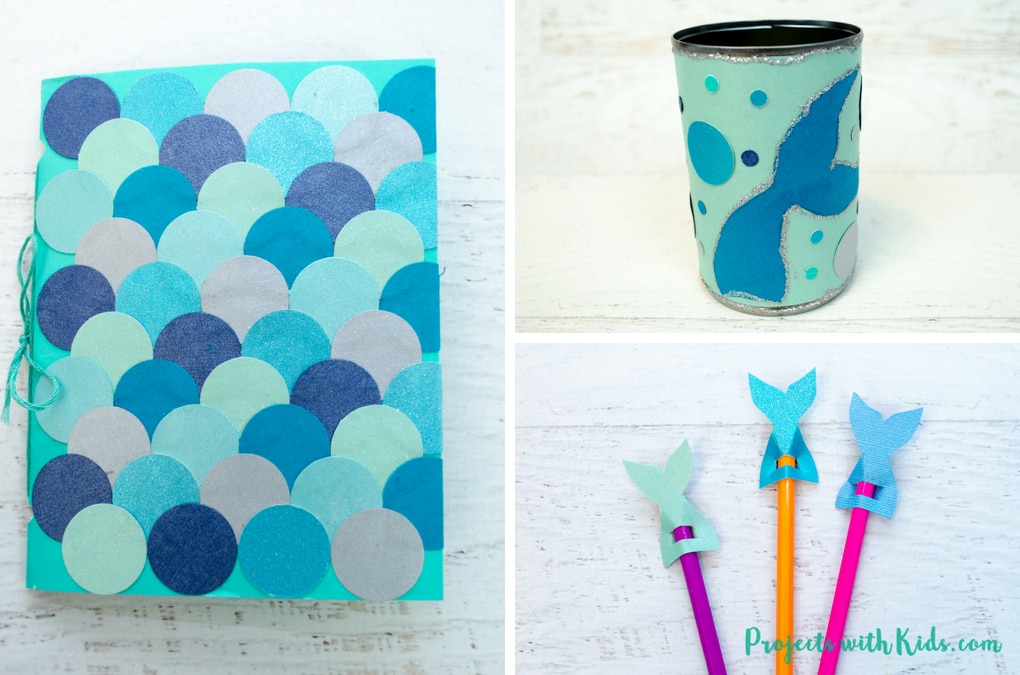 Kids will love making these adorable mermaid diy back to school supplies! Make a mermaid scales notebook, a mermaid pencil holder and adorable mermaid tail pencil toppers. A fun back to school craft. Free printable templates included. 