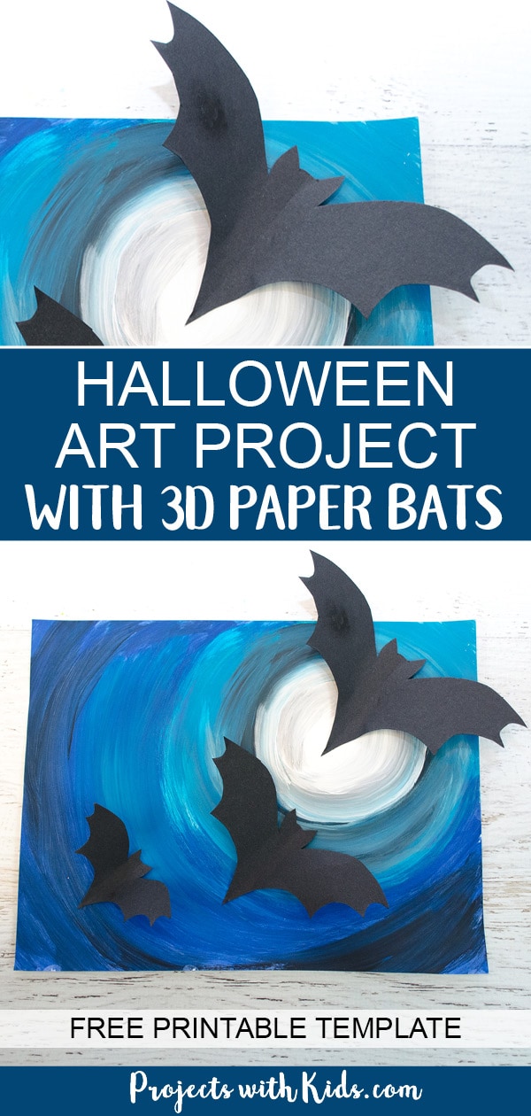A full moon, spooky Halloween sky and flying bats all come together to make this awesomely spooky Halloween art project that kids will love to create! Free bat templates included. #projectswithkids #halloweencrafts #batcrafts #kidsart 