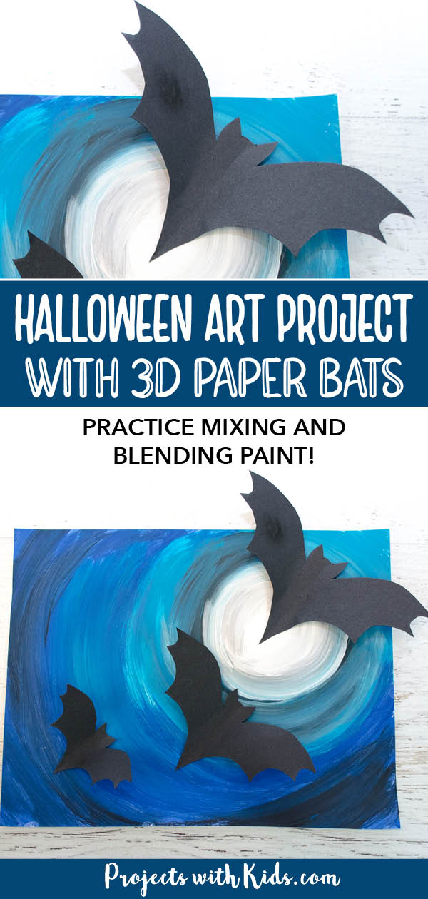 Halloween art projet idea of a full moon, spooky painted sky and 3D bats. Pinterest image