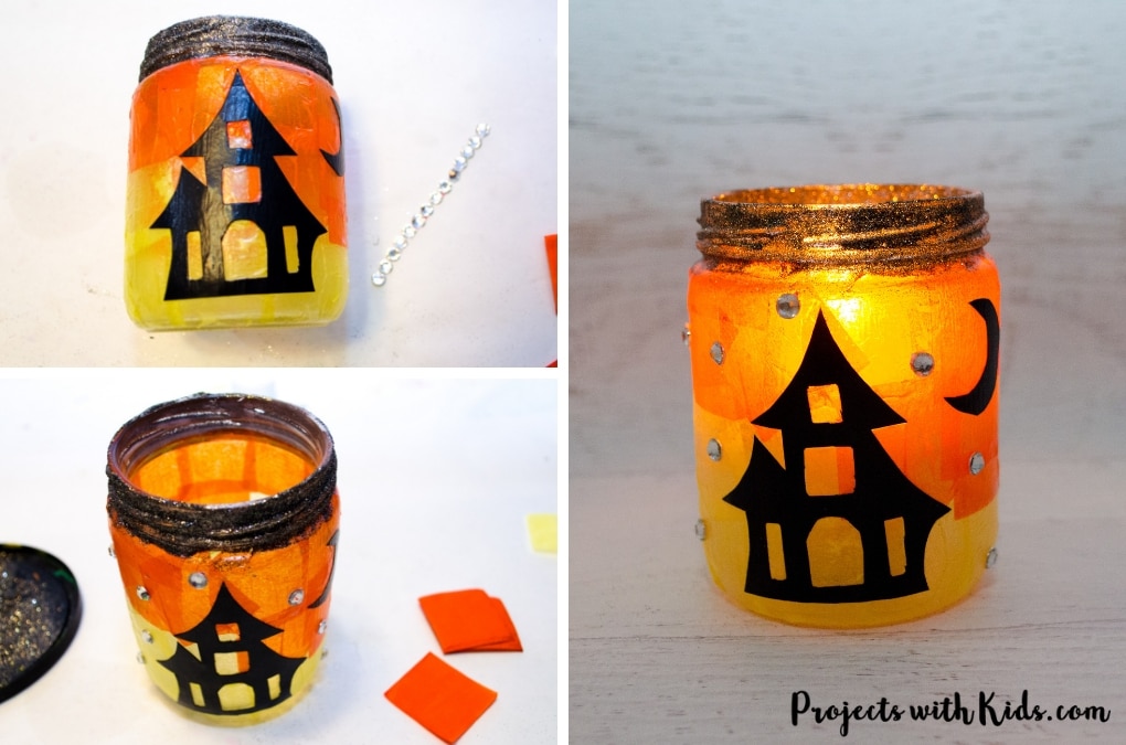 Kids will love to create these gorgeous Halloween lanterns that sparkle and glow in the candlelight! A fun Halloween craft to help decorate for the season. Free printable templates included. #projectswithkids #halloweencrafts #halloweendecorations #kidscrafts #halloweenlanterns
