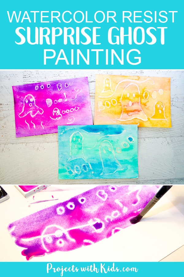 Kids will love watching their ghost pictures appear when they use this easy watercolor resist technique. A fun and simple Halloween craft for kids who want to make a non-scary Halloween project. #projectswithkids #halloweencrafts #kidscrafts #watercolorpainting #nonscaryhalloween 