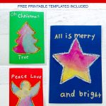 These kid made Christmas cards with coffee filters are colorful and glittery and super simple for kids to make. They can also be turned into gorgeous Christmas suncatchers to enjoy all season long. Free printable templates included. #diychristmascards #handmadechristmas #christmascraftsforkids #projectswithkids