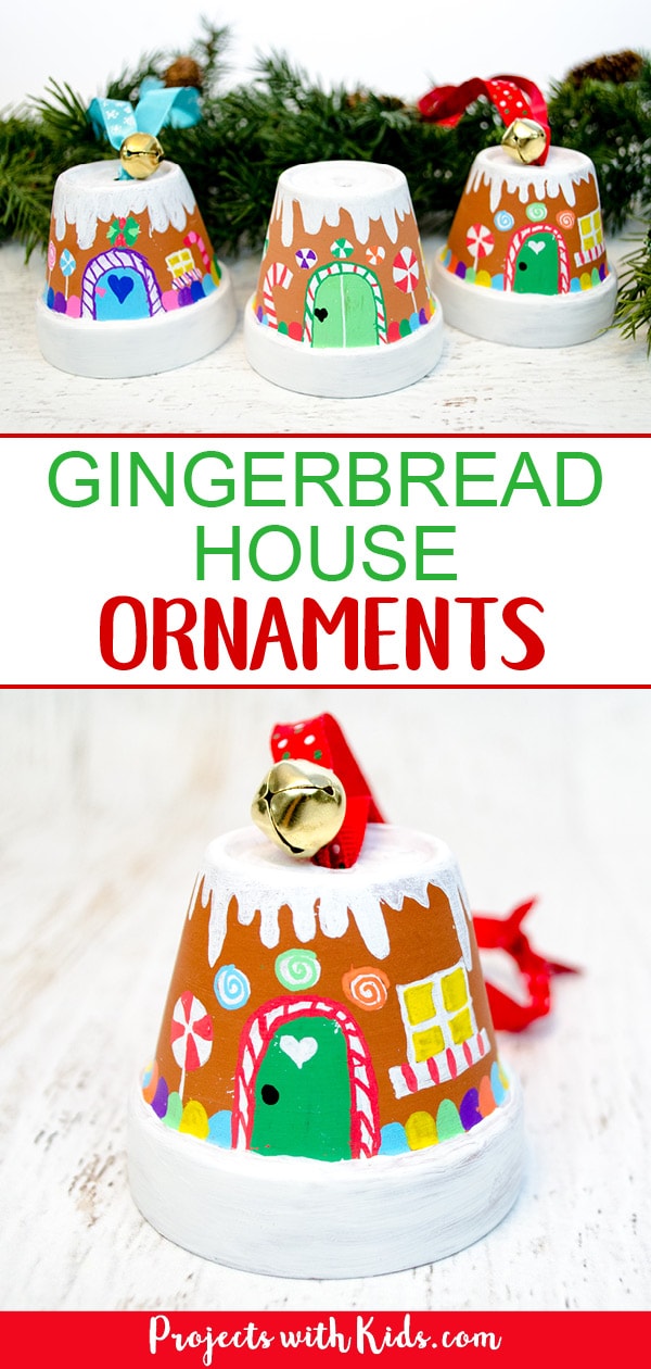 Transform mini terra cotta pots into the sweetest gingerbread house ornaments! Kids will love making this adorable Christmas craft to hang on the tree or give as a special gift. #gingerbreadhouse #handmadeornaments #kidschristmas #projectswithkids 