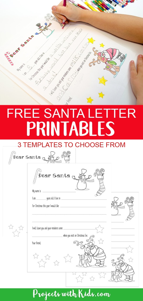Free Santa letter printable template for kids to write and color. A wonderful Christmas coloring and writing activity for kids. Three templates to choose from depending on the age of the child! #lettertosanta #christmascoloring #kidschristmas #projectswithkids 