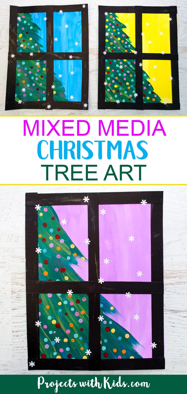 Kids will love creating this beautiful Christmas tree art project using a mixed media approach. Fun and easy techniques make this a wonderful Christmas craft activity! #christmascrafts #christmasart #kidsart #projectswithkids 