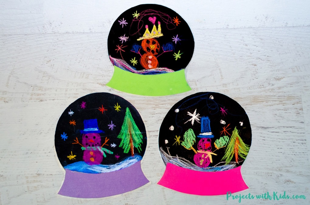 Brighten up your winter with this colorful snowglobe craft. Chalk pastels on black paper help make these snow globes extra vivid. Kids will love creating their own winter wonderland scene and exploring chalk pastels! Free printable template included.