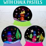 Brighten up your winter with this colorful snowglobe craft. Chalk pastels on black paper help make these snow globes extra vivid. Kids will love creating their own winter wonderland scene and exploring chalk pastels! Free printable template included. #snowglobecrafts #winterart #chalkpastels #projectswithkids
